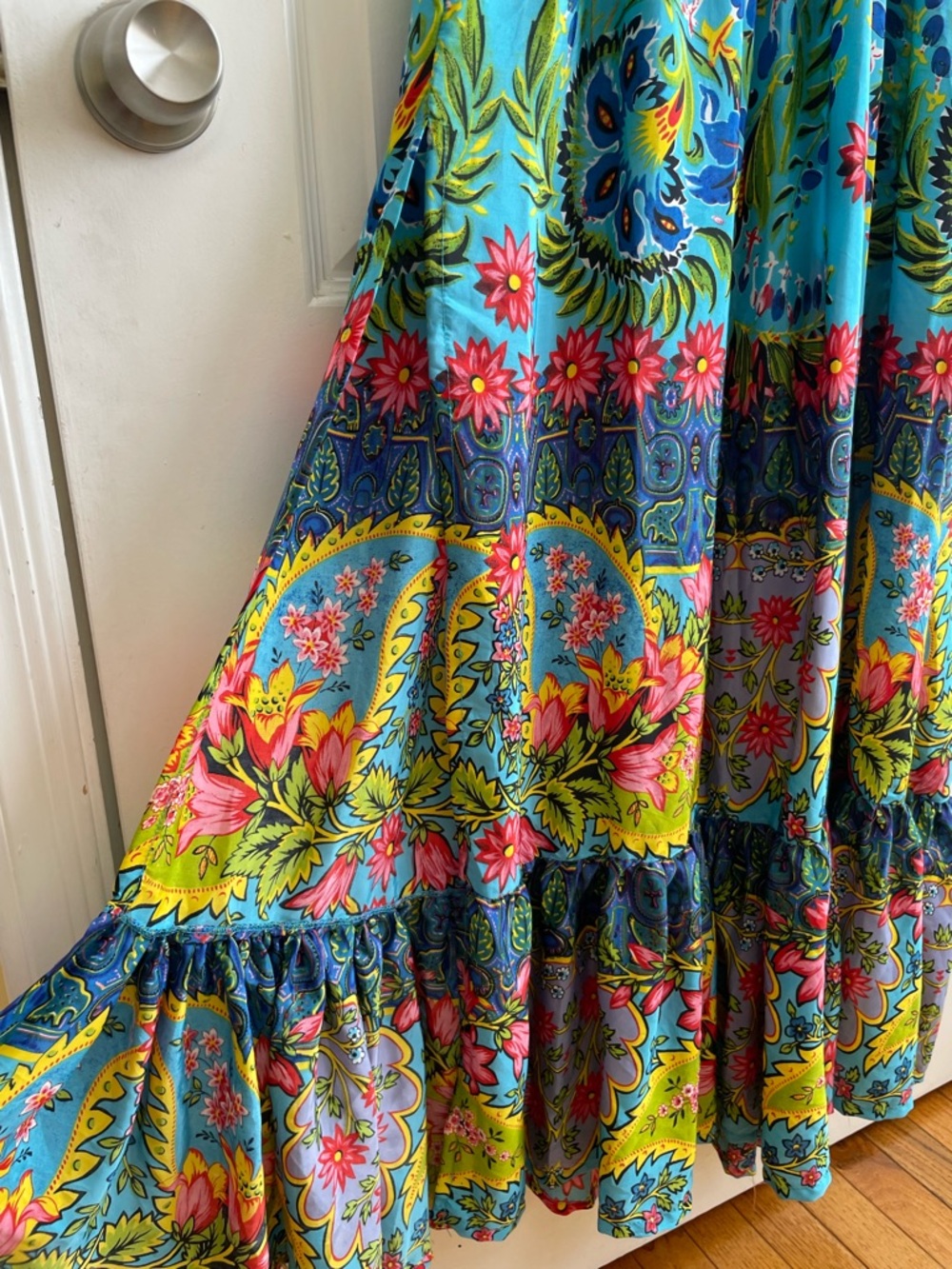 Antica Sartoria Floral Smocked Beaded Long Dress O/S Ruffle Colorful Italy Euro - Picture 6 of 9